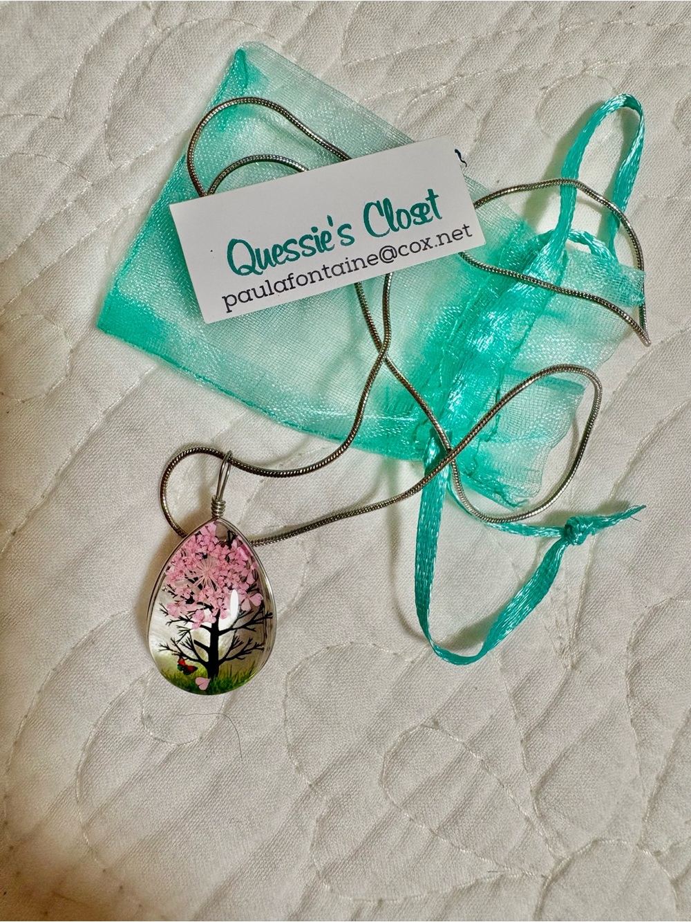 Pink Cherry Blossom Teardrop Pendant Necklace